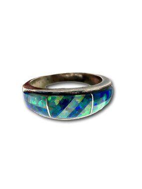 Vintage Sterling Silver & Blue Opal Inlay Ring Size